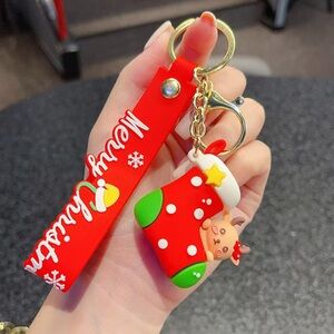 Christmas Red Stocking Keychain with Cute Reindeer Charm